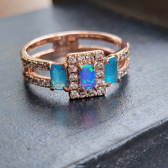 Rose Gold Plated Ring with Simulated Opal and Blue Stones - Size 9 - Picture 2 of 11